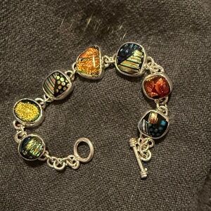 Artisan sterling Silver Bracelet with Multicolored dichroic glass